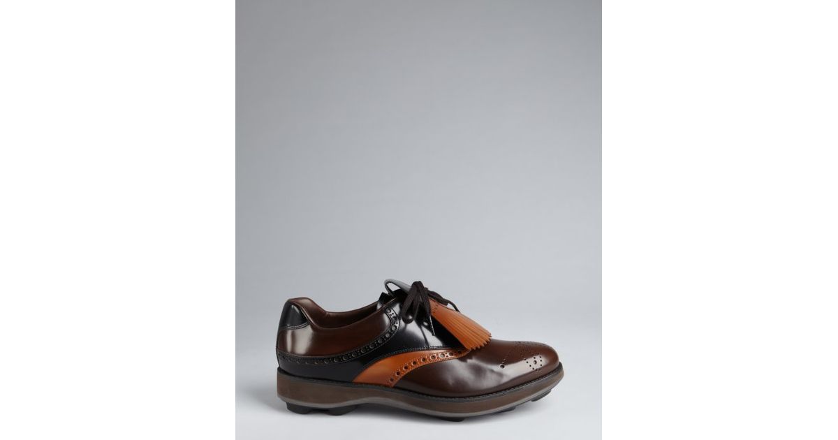 Prada Russet And Mahogany Leather Tooled Removable Fringe Brogues ...  