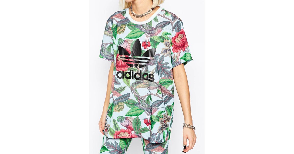 Adidas Originals Florera Leaf Print Trefoil Logo T-shirt in Multicolor ...