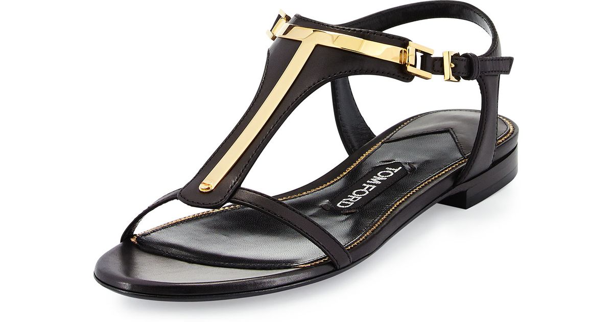 Lyst Tom Ford Leather T Bar Flat Sandal In Black