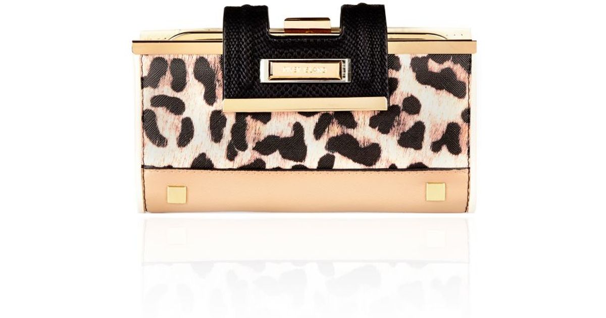 River Island Beige Leopard Print Fold Over Tab Purse In Brown Lyst