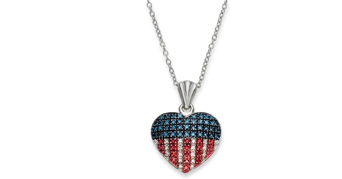 Macy&#39;s Red, White And Blue Diamond Flag Heart Pendant Necklace In Sterling Silver (1/3 Ct. T.w ...