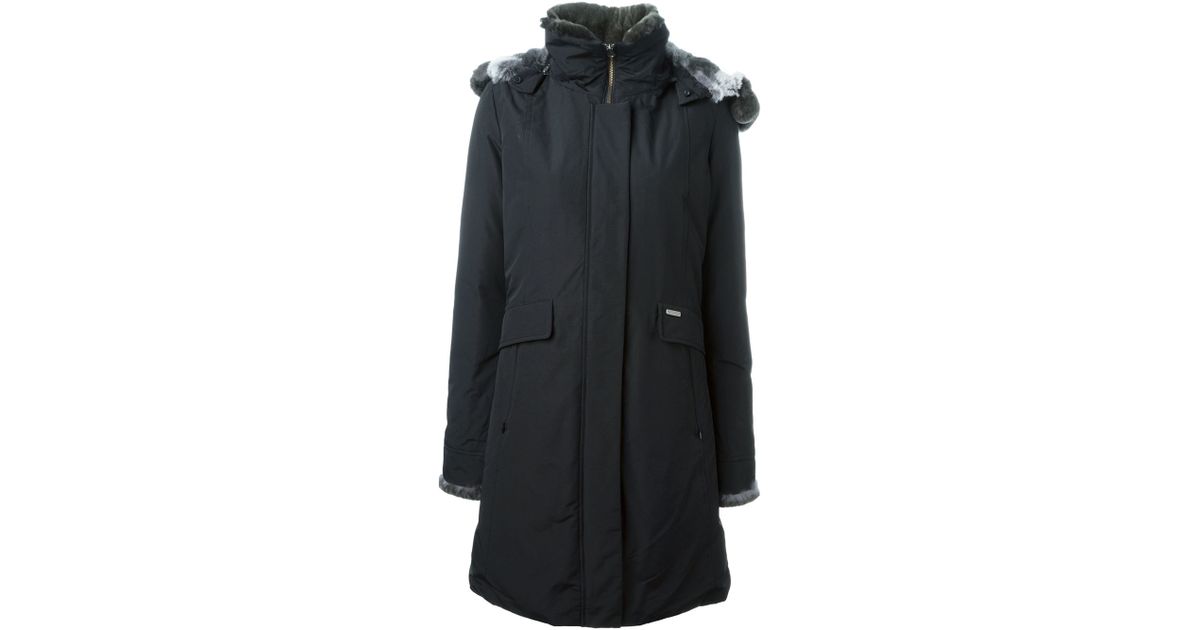Woolrich Rabbit Fur Trim Padded Trench Coat In Natural Lyst Burberry London Men Long Fur Collar Cotton Trench Coat