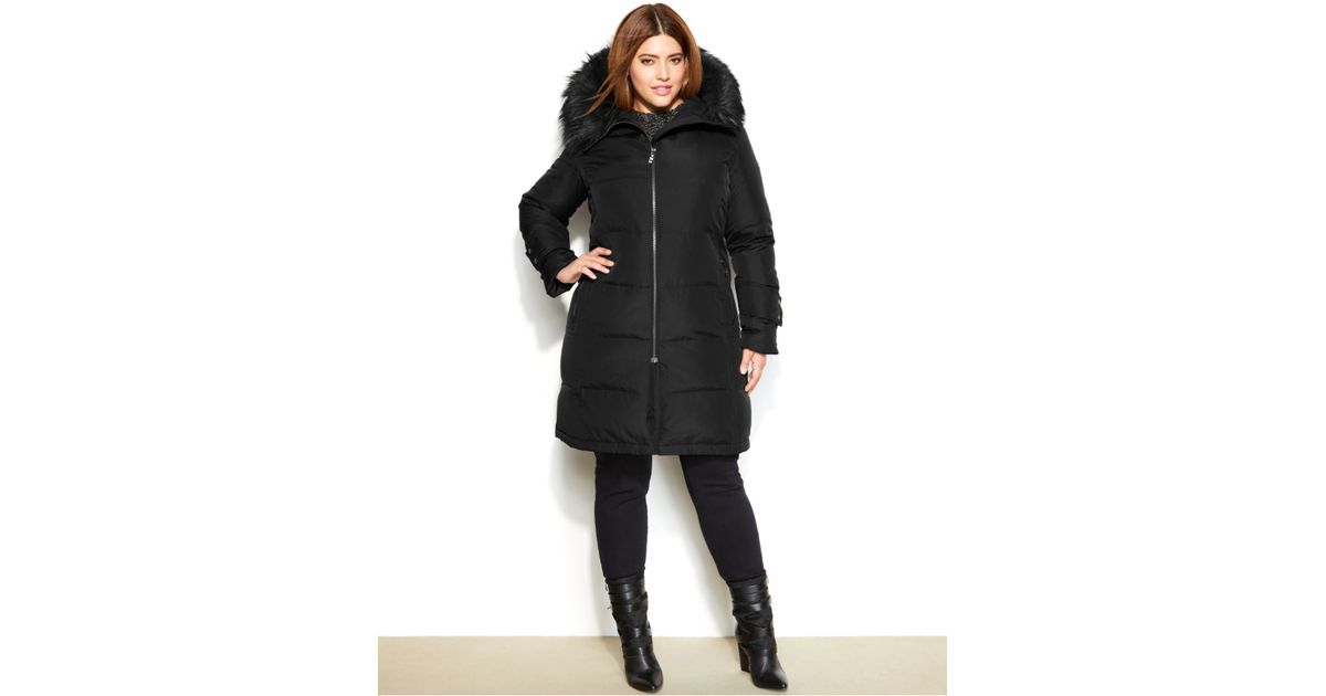 Calvin Klein Plus Size Hooded Faux Fur Trim Quilted Down Puffer Coat In Black Save 50 Lyst 