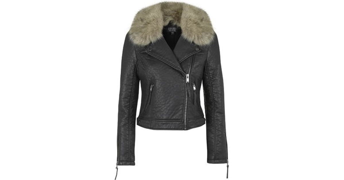 Lyst Top Faux Fur Collar Biker Jacket In Black