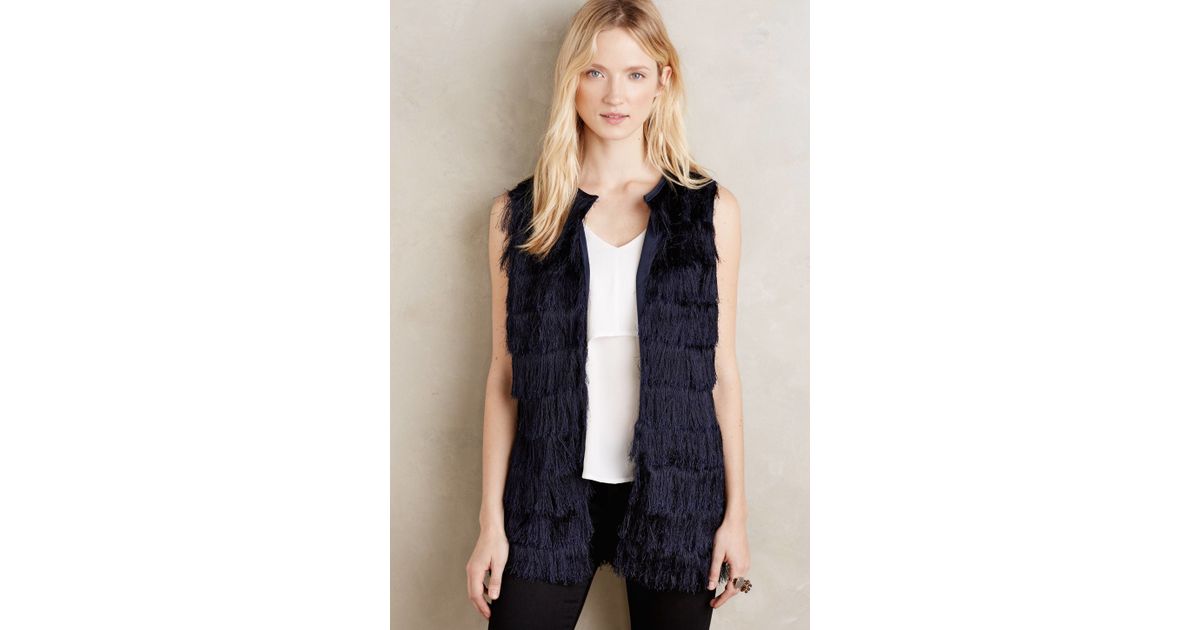 Eva Franco Tiered Fringe Vest In Blue Lyst 7 For All Mankind Faux Fur Coat