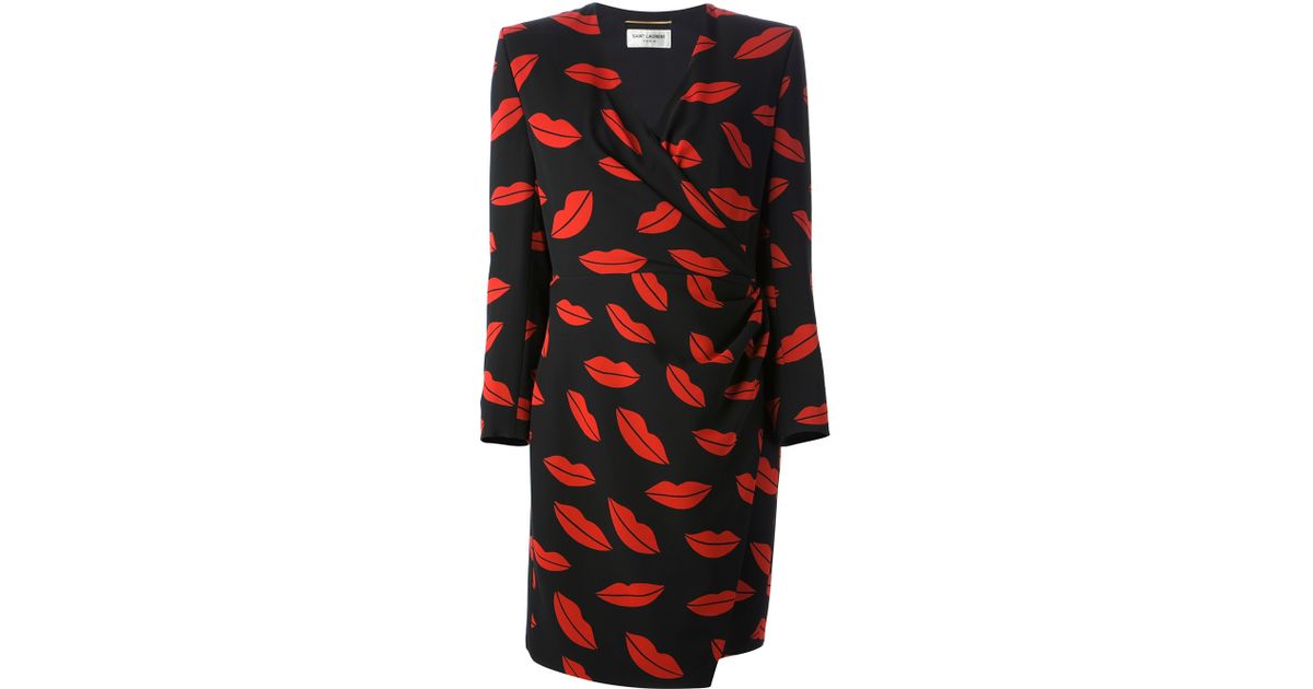 Lyst Saint Laurent Lips Print Wrap Dress in Red