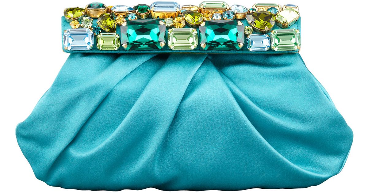 Prada Raso Jeweled Satin Clutch Bag in Blue (pavone) | Lyst  