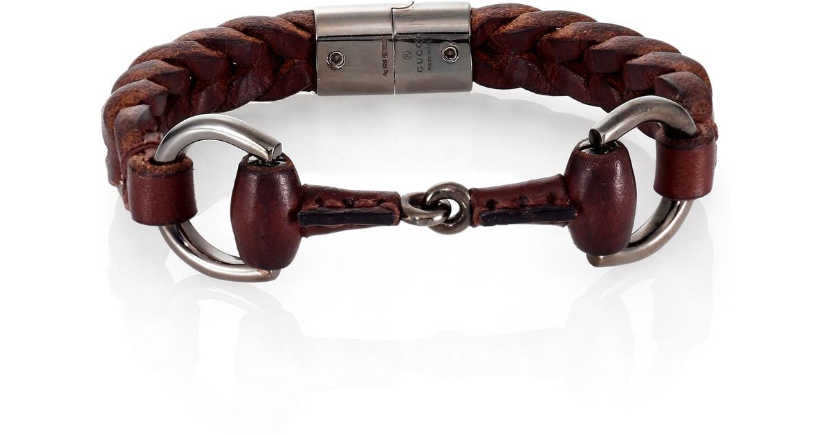Gucci Braided Leather & Sterling Silver Horse Bit Bracelet in Black for