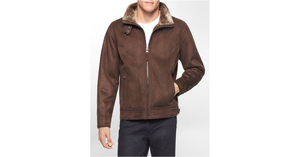 Calvin Klein White Label Ultra Suede Shearling Lined Er Jacket Calvin Klein White Label Ultra Suede Shearling Lined Er Jacket In Brown Lyst
