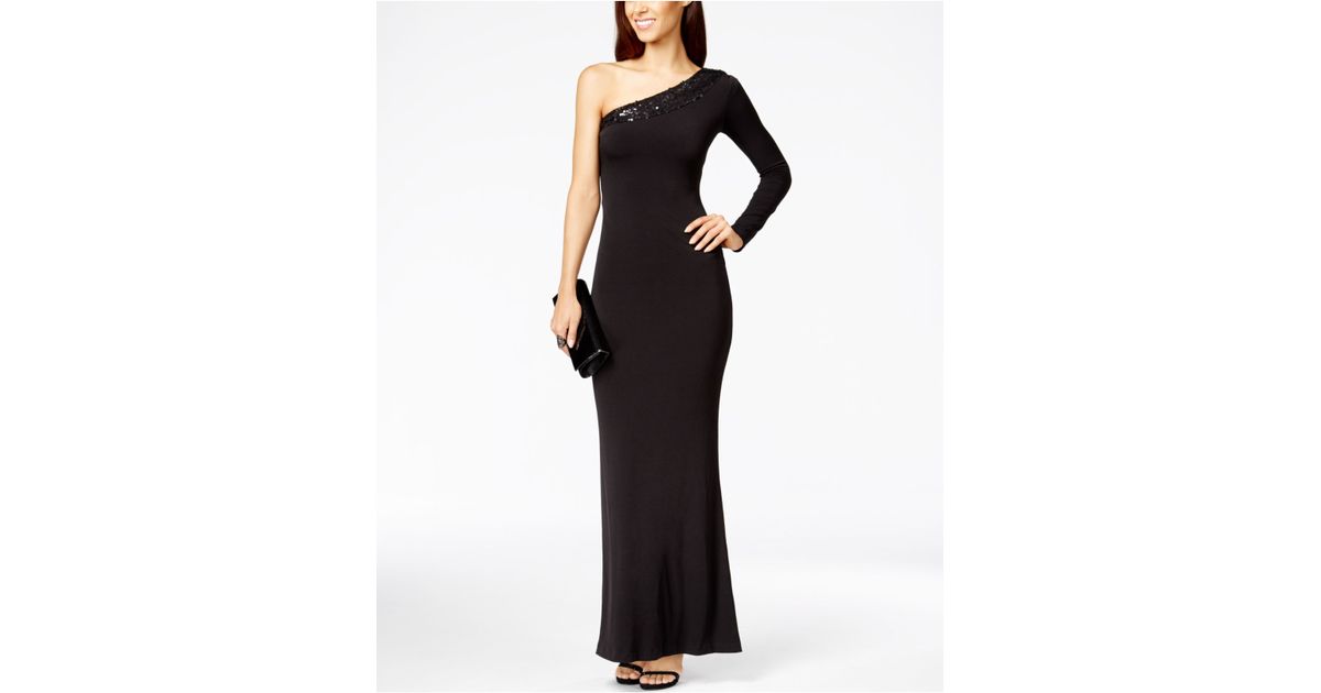 Calvin klein One-shoulder Sequin Evening Gown in Black | Lyst