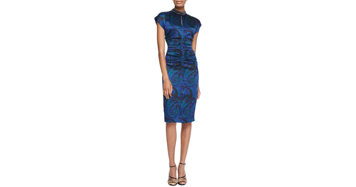 Lyst Etro Paisley Silk Dress With Ruched Waist In Blue