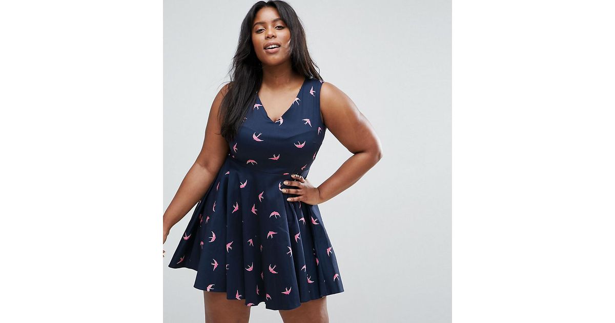 Closet London Plus Closet Plus Skater Dress In Bird Print In Blue