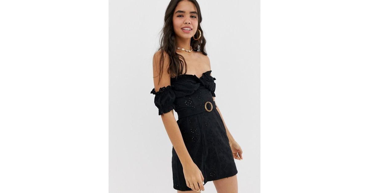 asos design bardot mini broderie sundress with faux tortoiseshell belt