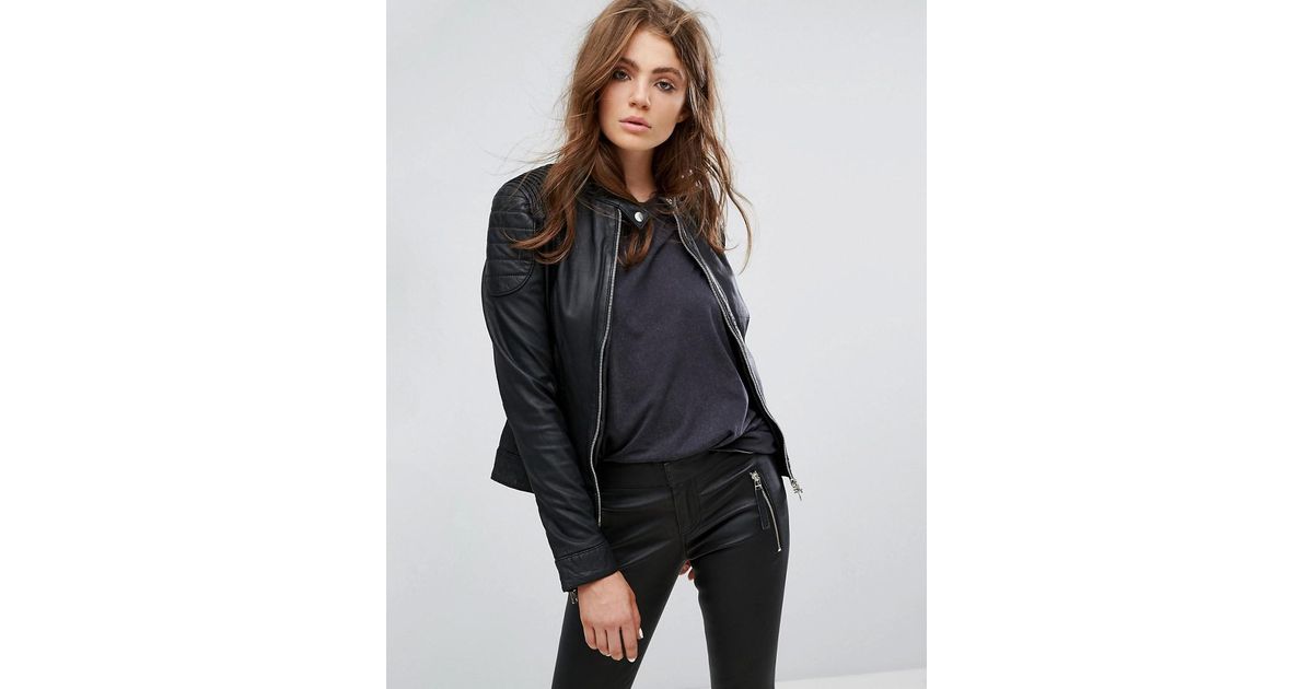 Lyst Goosecraft Collarless Leather Jacket With Ribbed Detail In Black