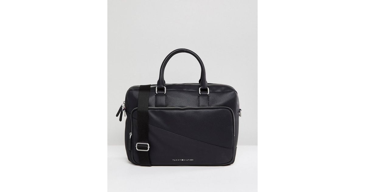 Tommy Hilfiger Diagonal Faux Leather Laptop Bag In Black For Men