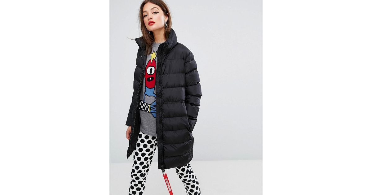 Love Moschino Quilted Long Coat In Black Lyst