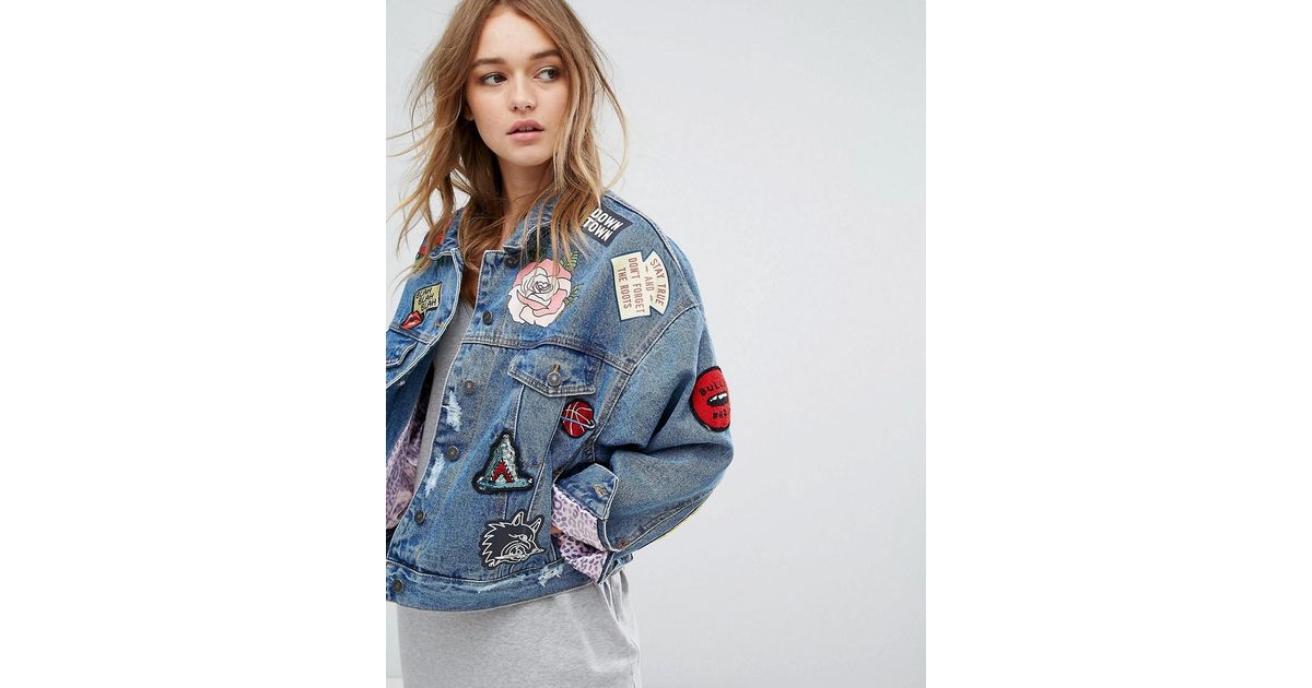  Pull Bear Badge Detail Denim Jacket in Blue Lyst