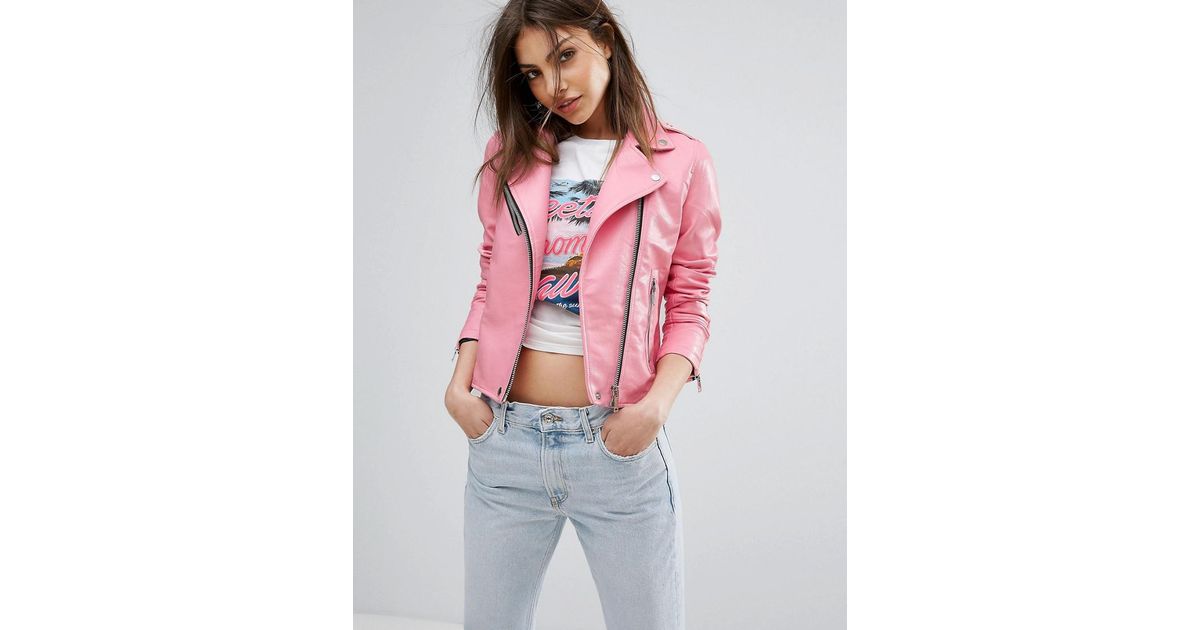 Mango Color Faux Leather Biker Jacket In Pink Lyst