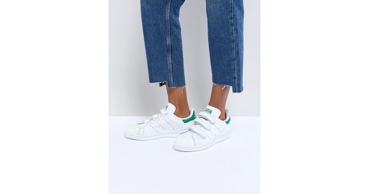 Adidas Originals Originals White And Green Velcro Stan Smith Trainers Lyst Trendyol Velcro Sneaker White in White Lyst