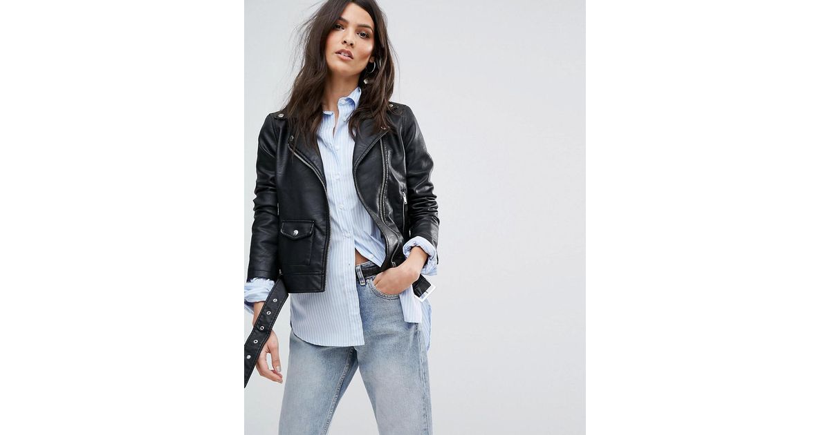 Lyst Warehouse Faux Leather Crop Biker Jacket In Black