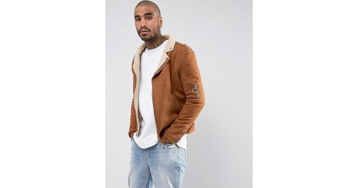Sixth June Brown Faux Shearling Biker Jacket In Tan For Men