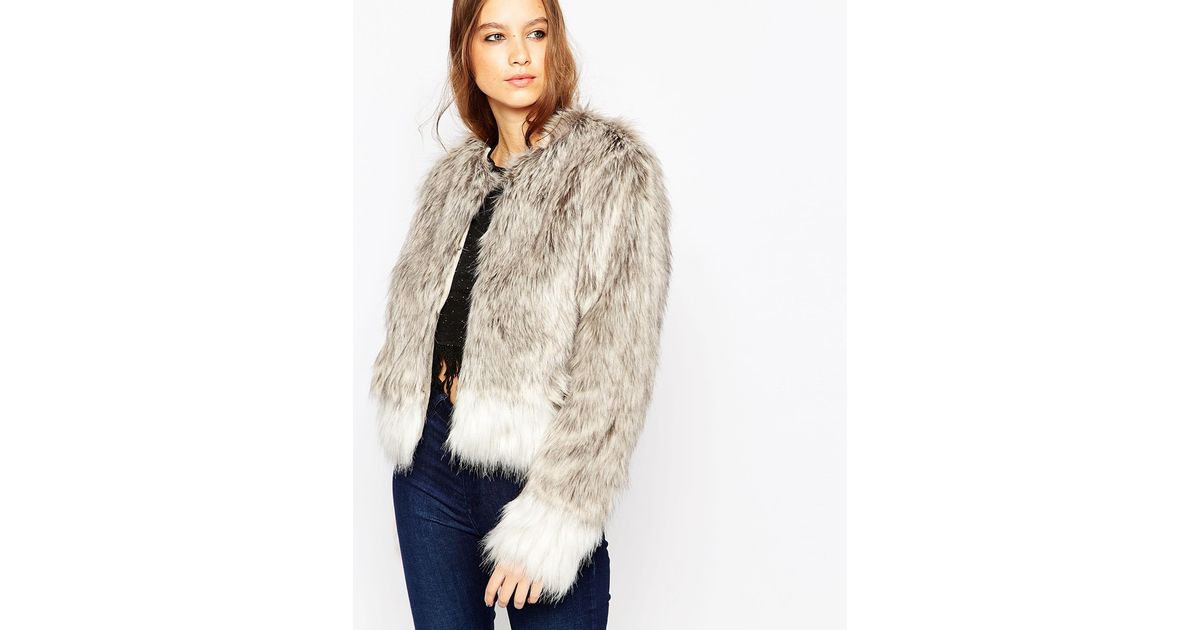 Urbancode Short Faux Fur Jacket In Artic Fox Gray Lyst