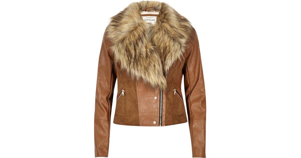 River Island Tan Leather Look Biker Jacket In Brown Lyst