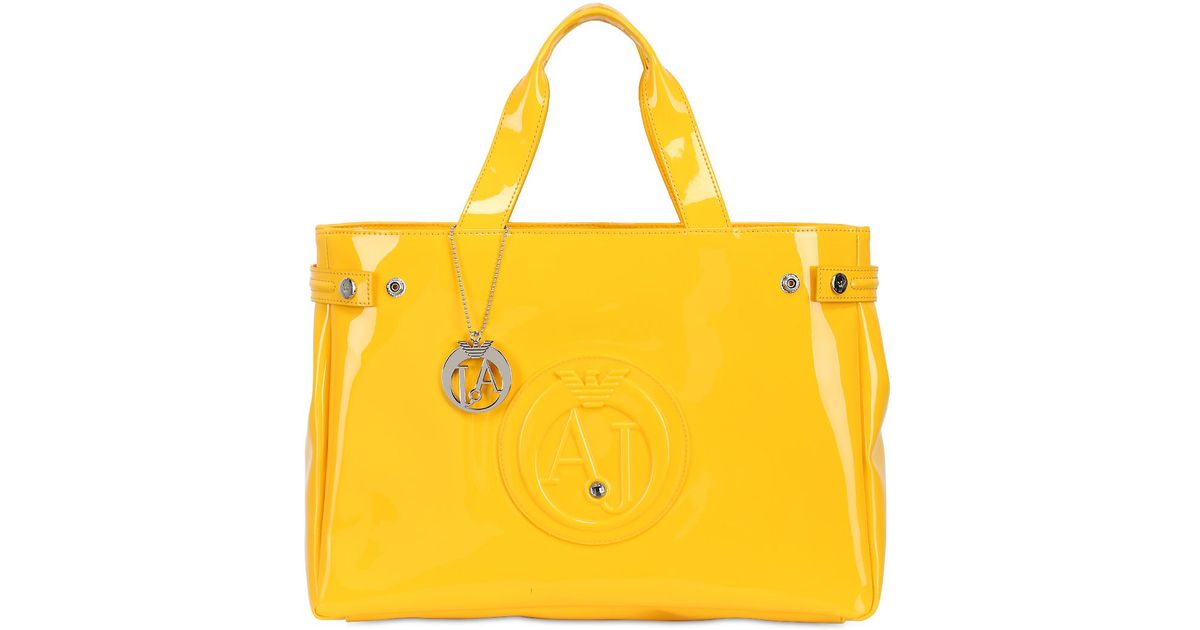 Lyst Armani Jeans Medium Embossed Logo Patent Vinyl Bag In Yellow