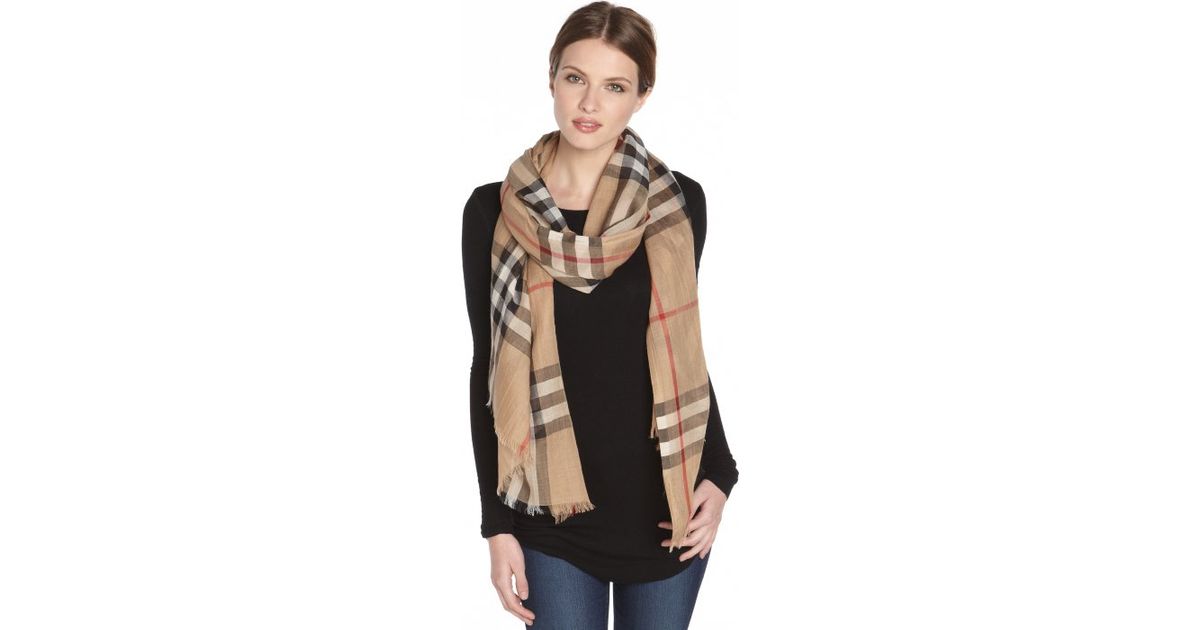 burberry gauze check scarf camel