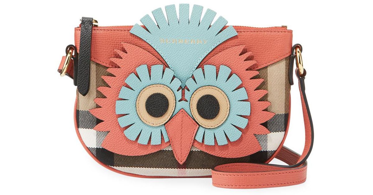 Lyst Burberry S Coca Owl Check Canvas Crossbody Bag In Red