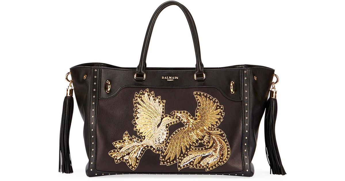 Lyst Balmain Renaissance Embroidered Leather Tote Bag In Black