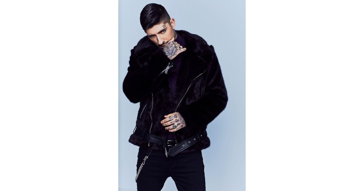 Boohoo Premium Oversized Faux Fur Biker Jacket In Black For Men Lyst