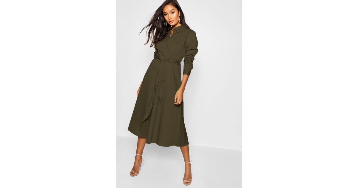 belted utility midi shirt dress