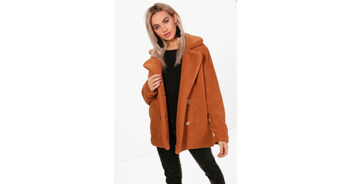 Boohoo Lauren Double Breasted Faux Fur Teddy Coat - Lyst