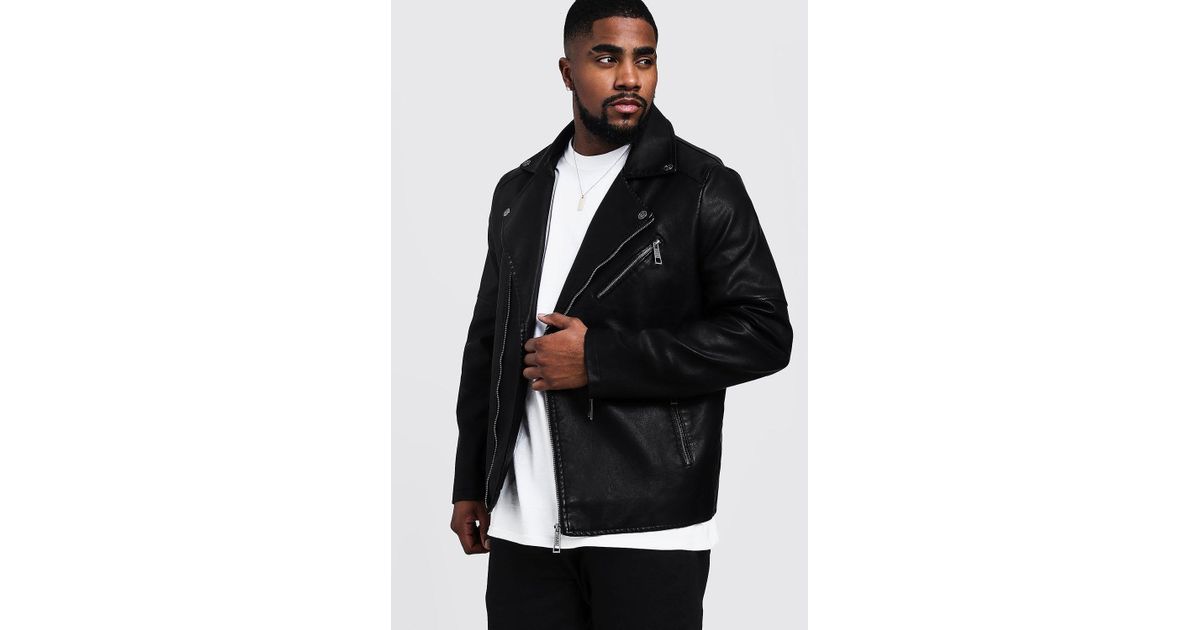 Boohooman Black Big And Tall Faux Leather Biker Jacket For Men Lyst