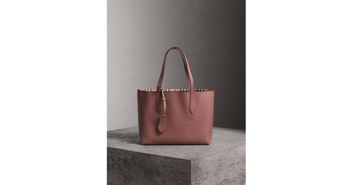 Lyst Burberry The Small Reversible Tote In Haymarket Check And Lyst Burberry The Small Reversible Tote In Haymarket Check And Leather Light Elderberry