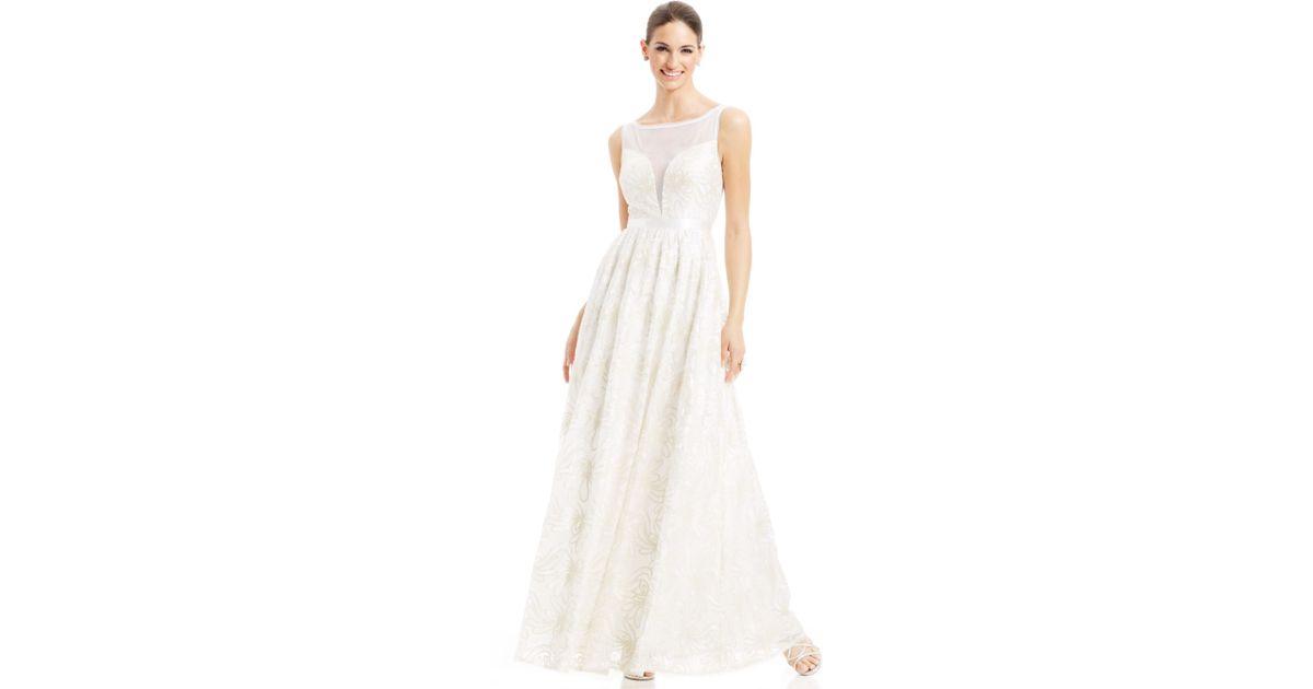 adrianna papell sleeveless gown with illusion