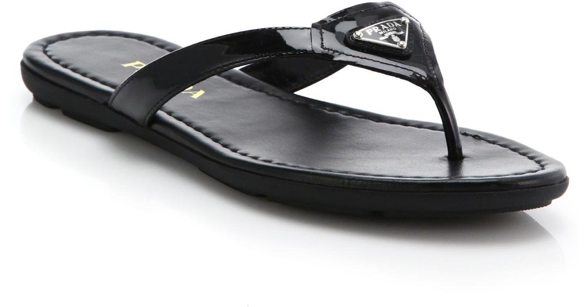 Prada Logo Patent Leather Thong Sandals In Black Lyst