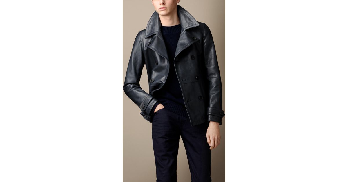 Lyst Burberry Leather Pea Coat in Blue for Men