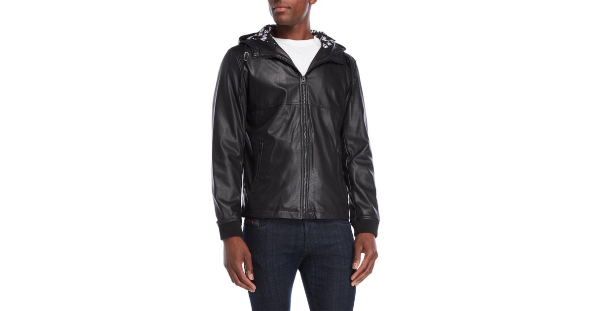 Levi S Black Perforated Faux Leather Hooded Jacket For Men Lyst