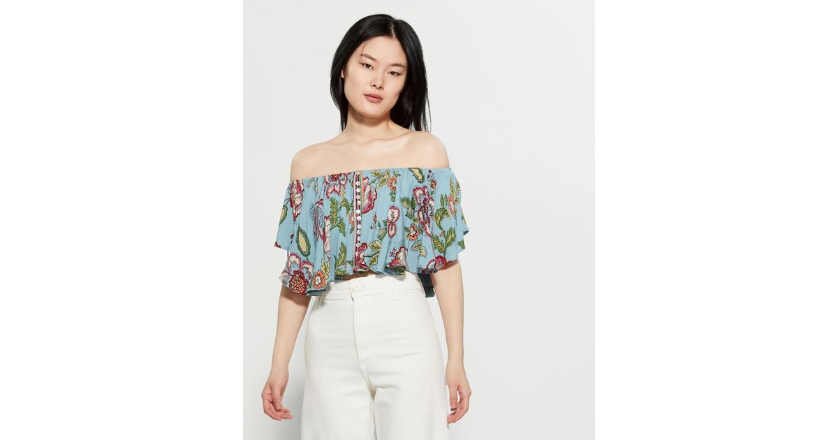 Angie Womens Embroidered Faux Wrap Crop Top with Flutter Sleeves