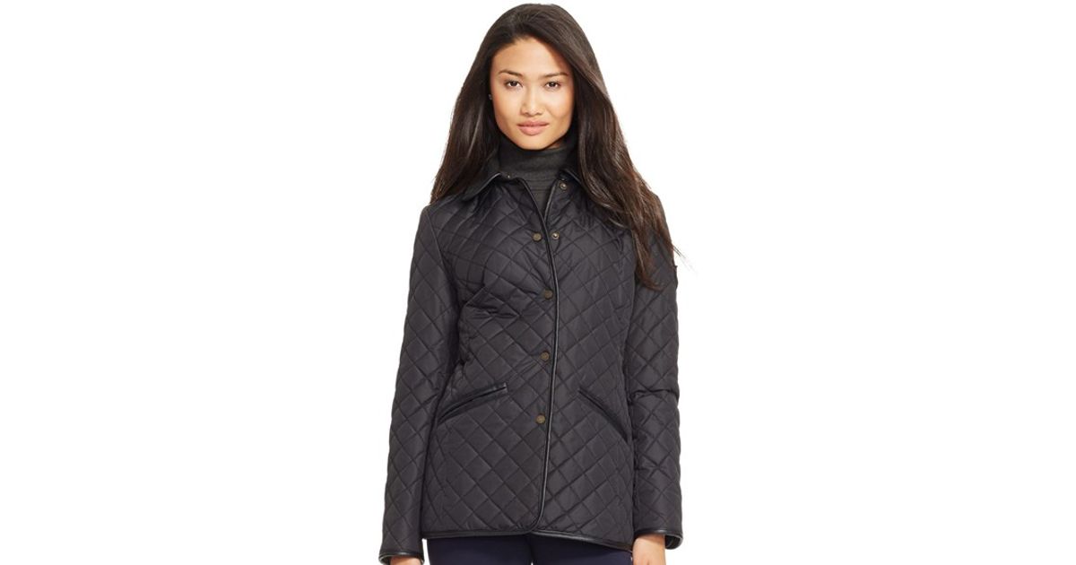 Lauren By Ralph Black Faux Leather Shearling Trim Quilted Jacket Lyst
