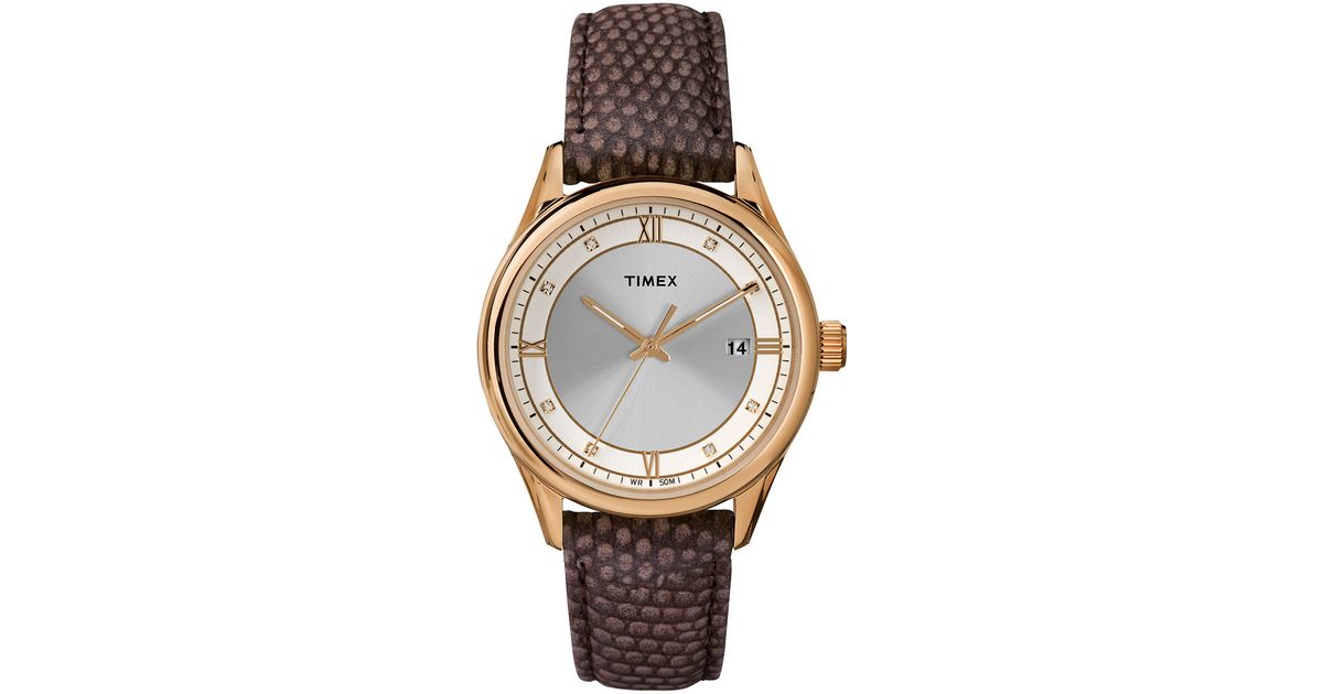 Lyst Timex Ladies Goldtone Watch With Lizard Leather Strap in Brown