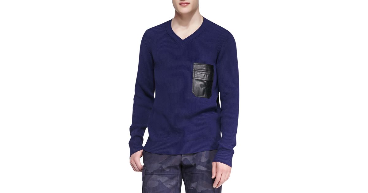 Valentino Vneck Sweater with Faux Leather Pocket Navy in Blue for Men ...