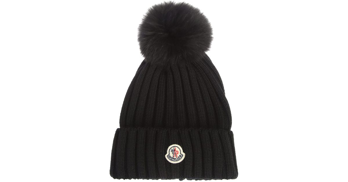 Lyst - Moncler Genuine Fox Fur Pom Ribbed Wool Beanie in Blue - Save 62%