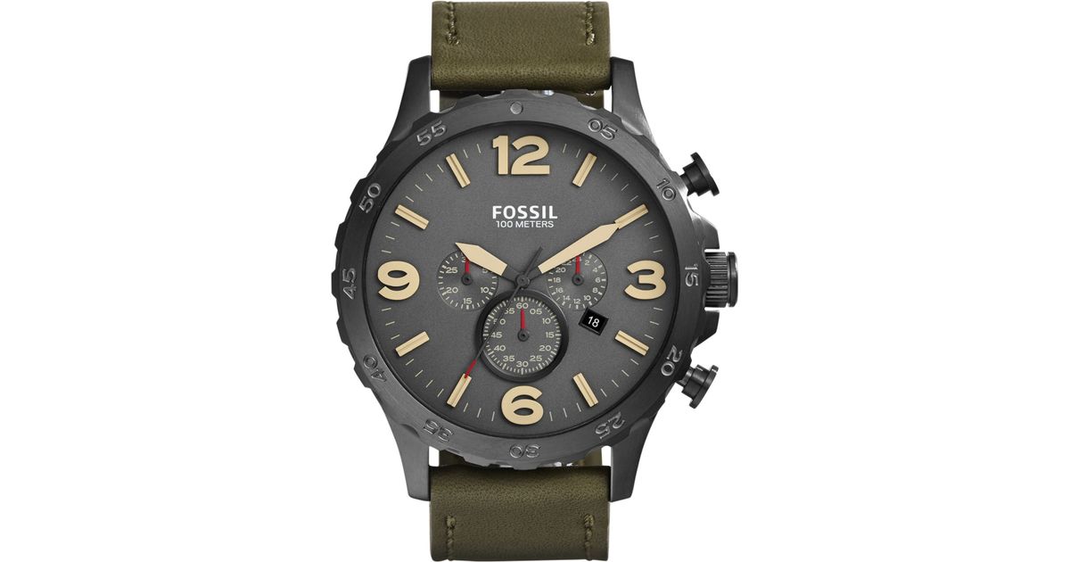 Lyst Fossil Men'S Chronograph Nate Olive Leather Strap Watch 50Mm