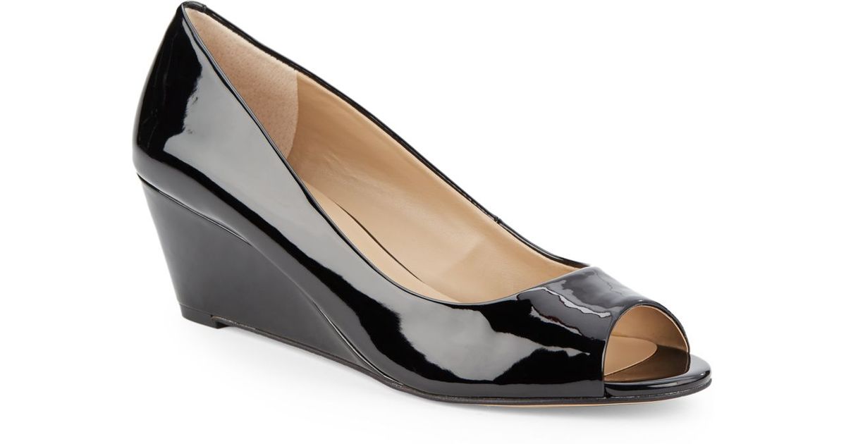 black patent peep toe wedges