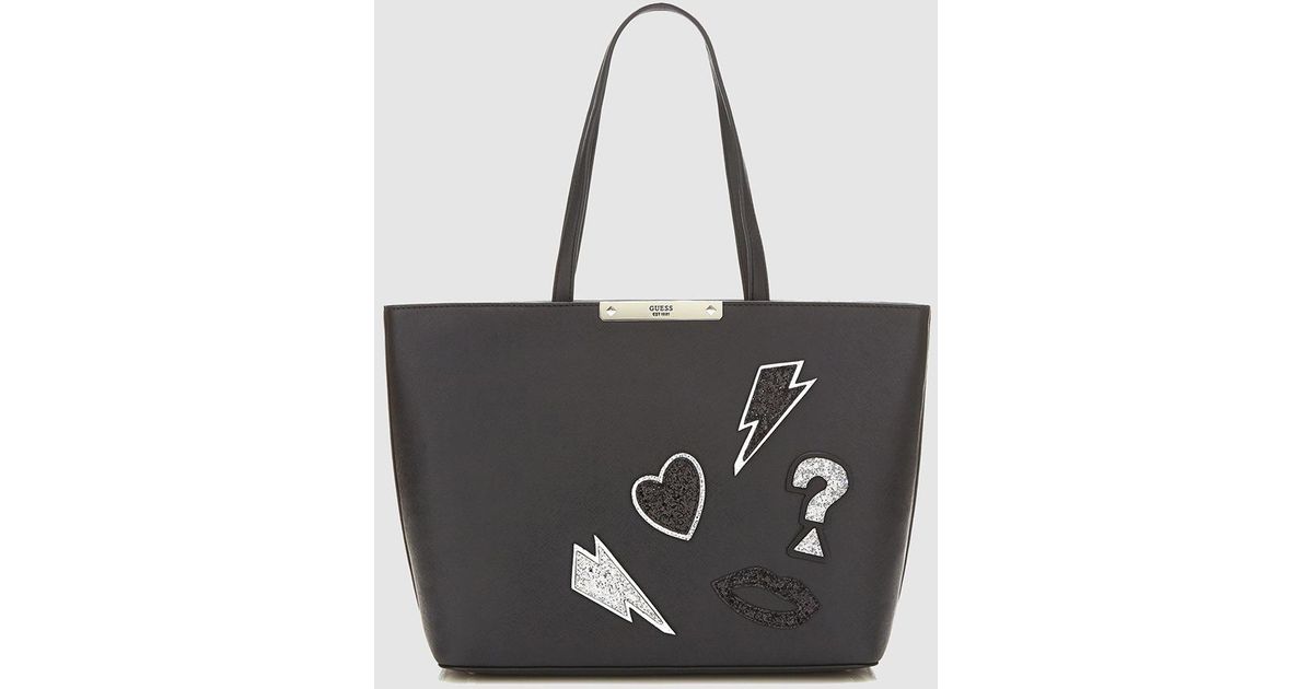 Lyst Guess Black Tote Bag With Glitter Patches In