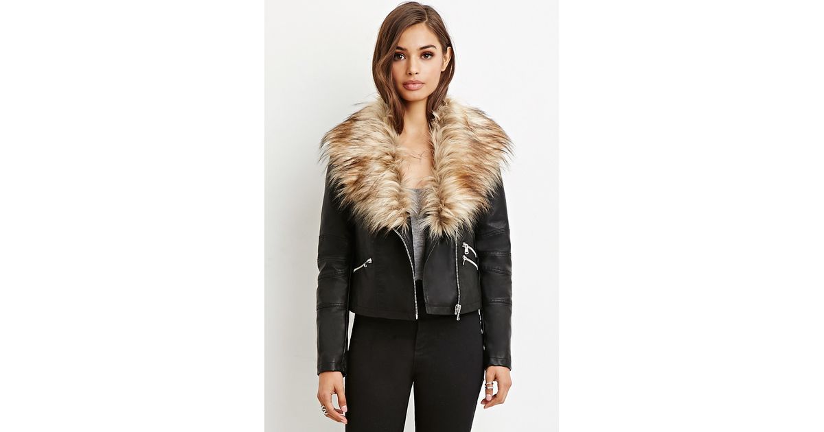 Forever 21 Faux Fur Trimmed Moto Jacket In Black Lyst