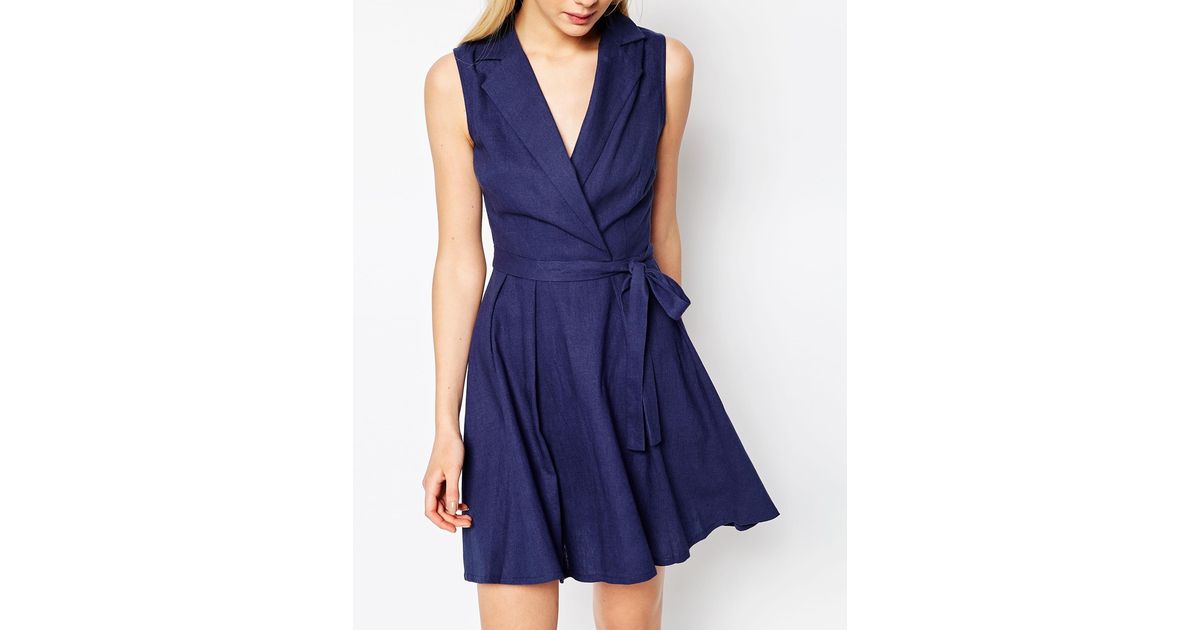 Asos Sleeveless Linen  Mini Shirt  Dress  With Belt  in Blue 